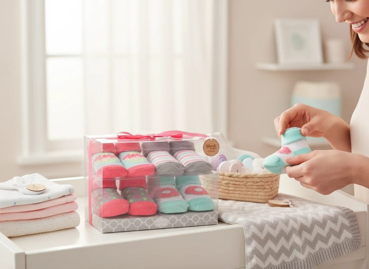 Stork And Baby 4 pack baby socks gift pack with doughnut theme in pink, mint, and grey. Soft cotton blend.
