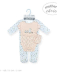 Stork And Baby 5-piece baby set with duck and squirrel print, includes bodysuit, bib, hat, and mittens. 100% cotton.