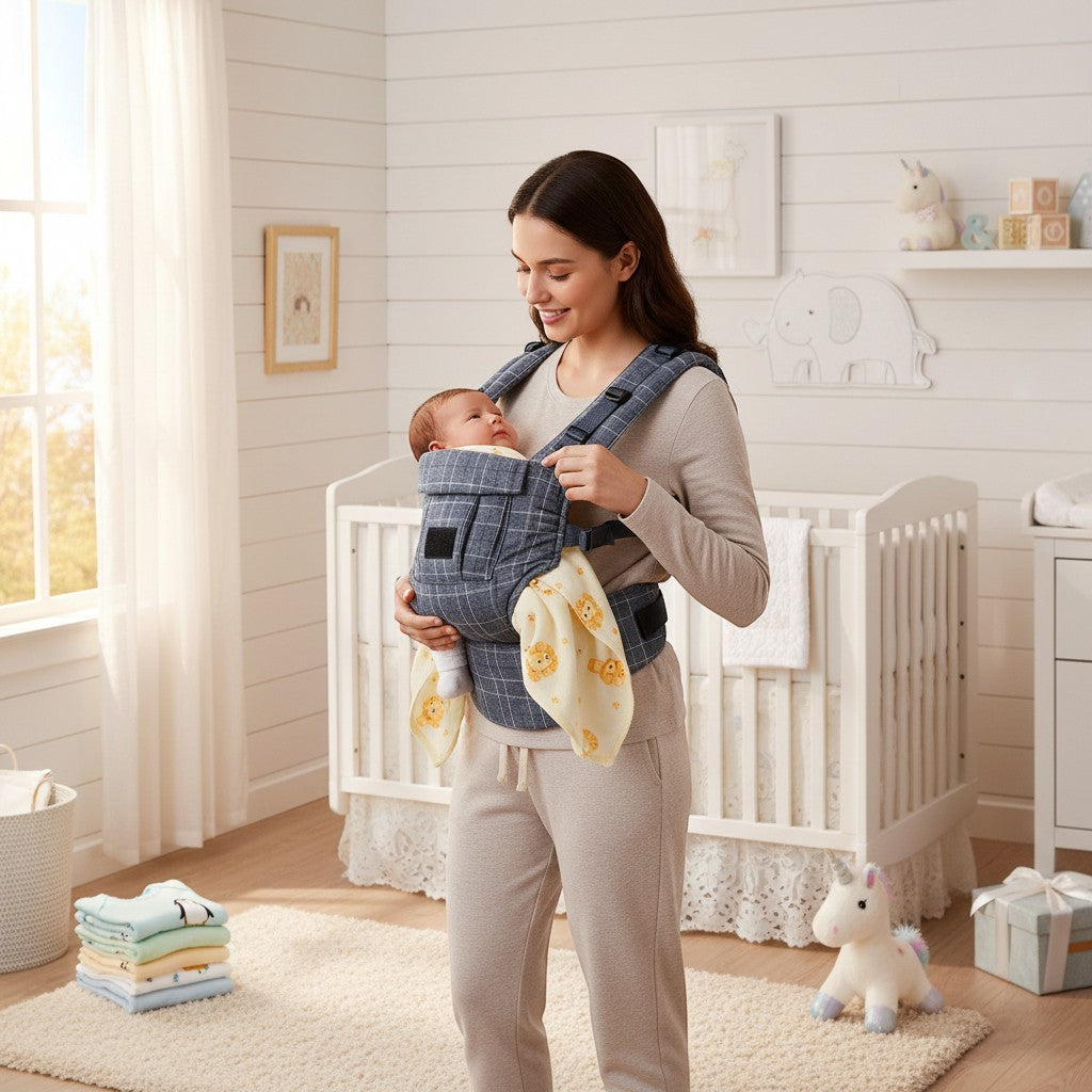Stork And Baby 3-way elegant baby carrier in grey plaid with adjustable straps, holding a baby. Soft fabric.