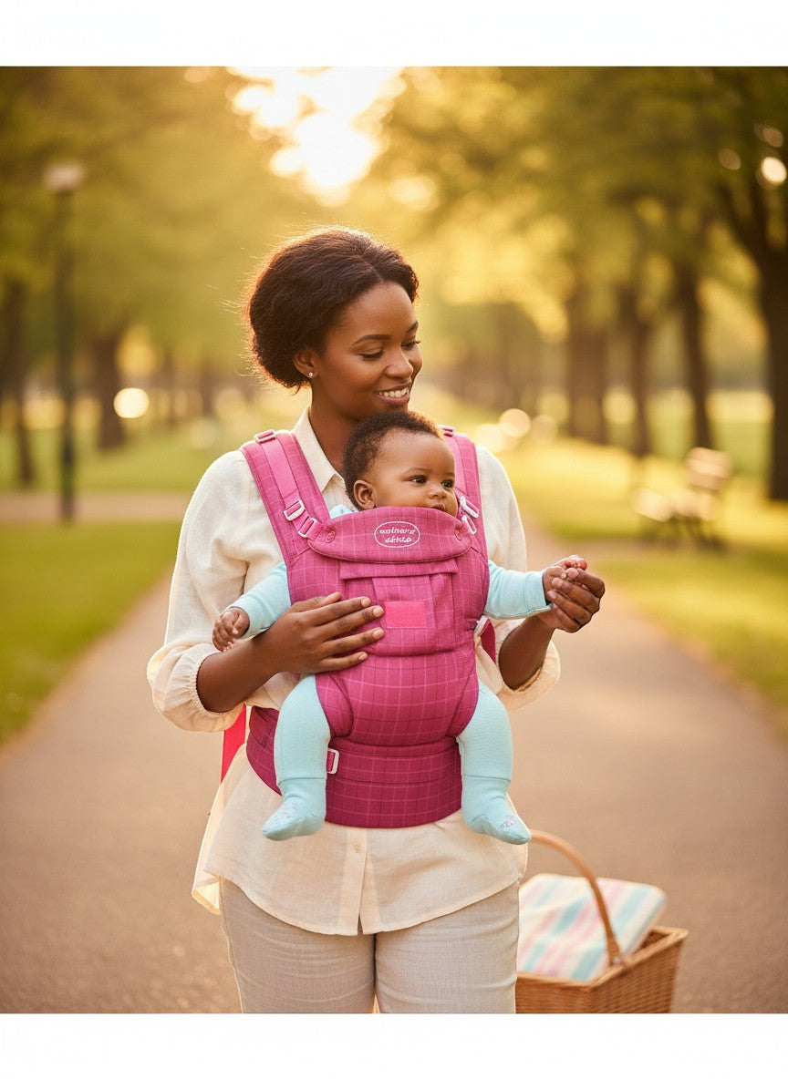 Stork And Baby Mothers Choice 3 Way Elegant Baby Carrier in pink, featuring a woman carrying a baby outdoors.