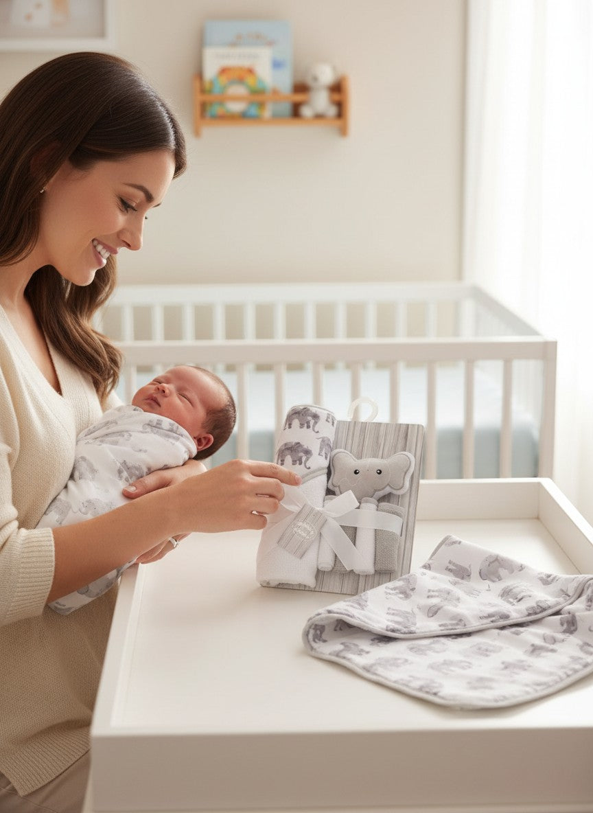 Stork And Baby grey elephant hooded towel, washcloths, and wash sponge set for baby bath time.