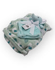 Stork And Baby Mothers Choice Dudu Blanket for boys, featuring a plush elephant toy and a soft mint green blanket with white and teal leaf print.