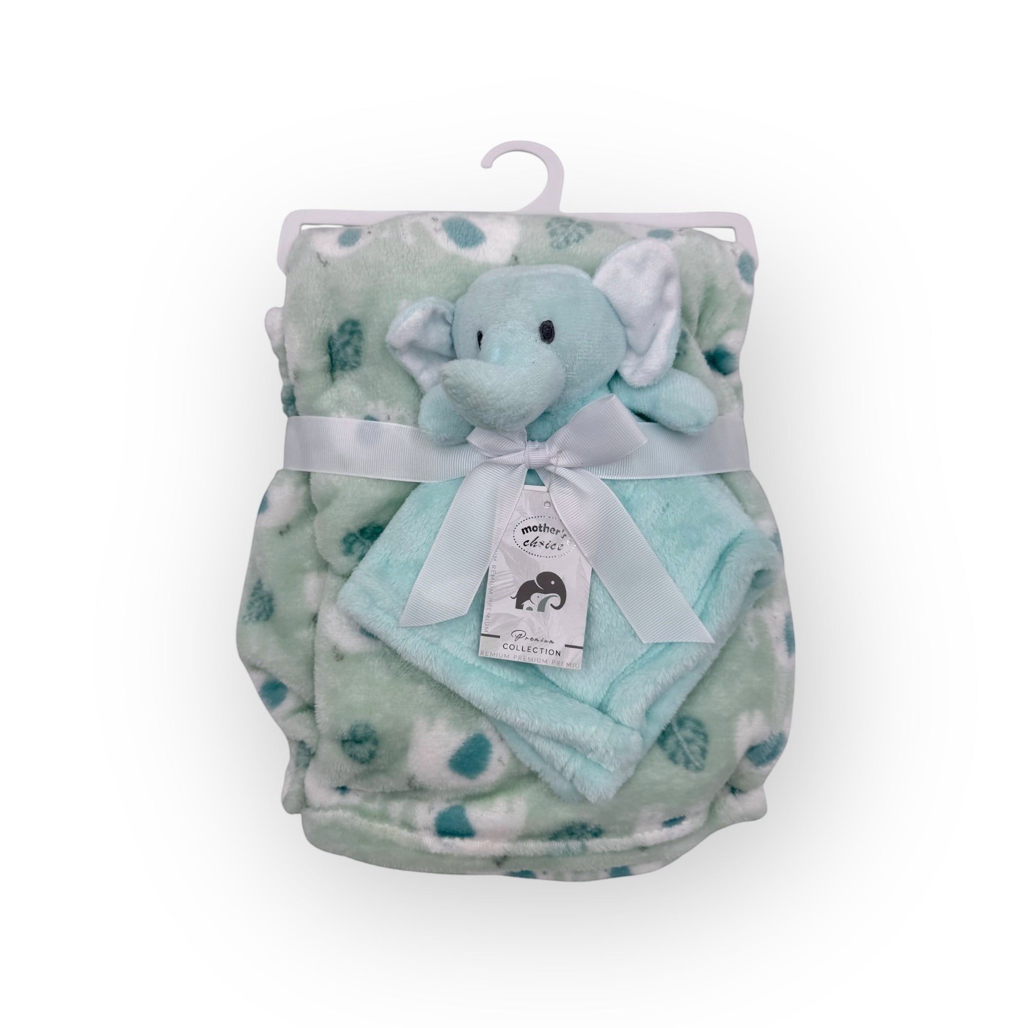 Stork And Baby soft mint green baby blanket with elephant pattern and matching elephant security blanket.