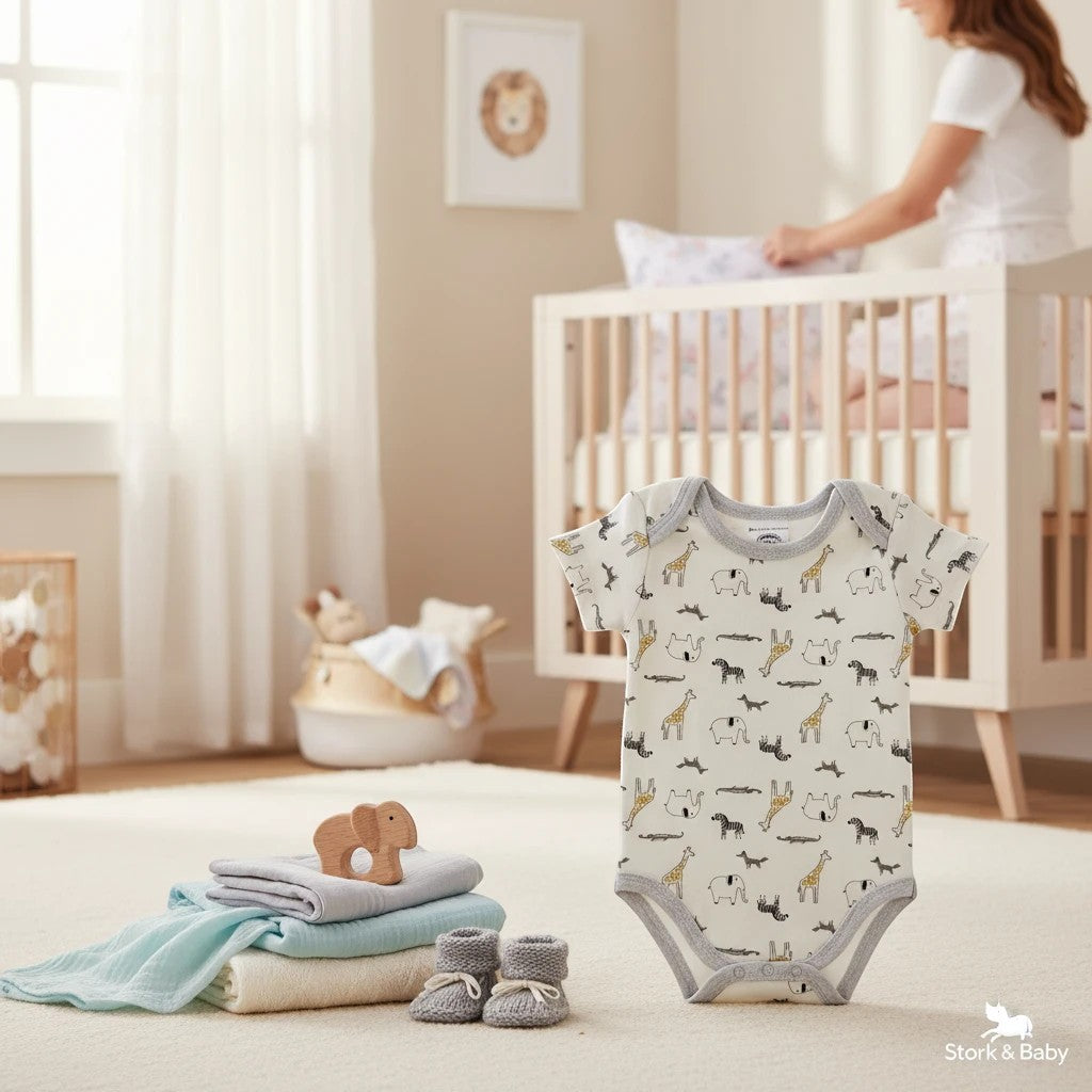 Stork And Baby 5 piece newborn gift set with grey elephant theme, including bodysuit, pants, socks, bib, and cap. Soft cotton blend.