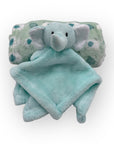 Stork And Baby blue plush elephant security blanket with green patterned backing.