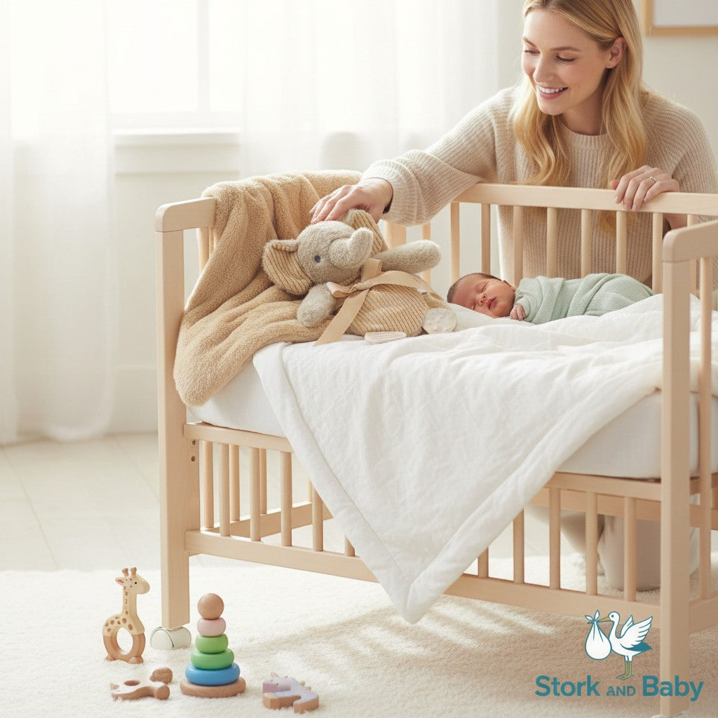 Stork And Baby soft tan plush elephant toy with ribbon and a beige fuzzy blanket in a crib with a newborn baby.