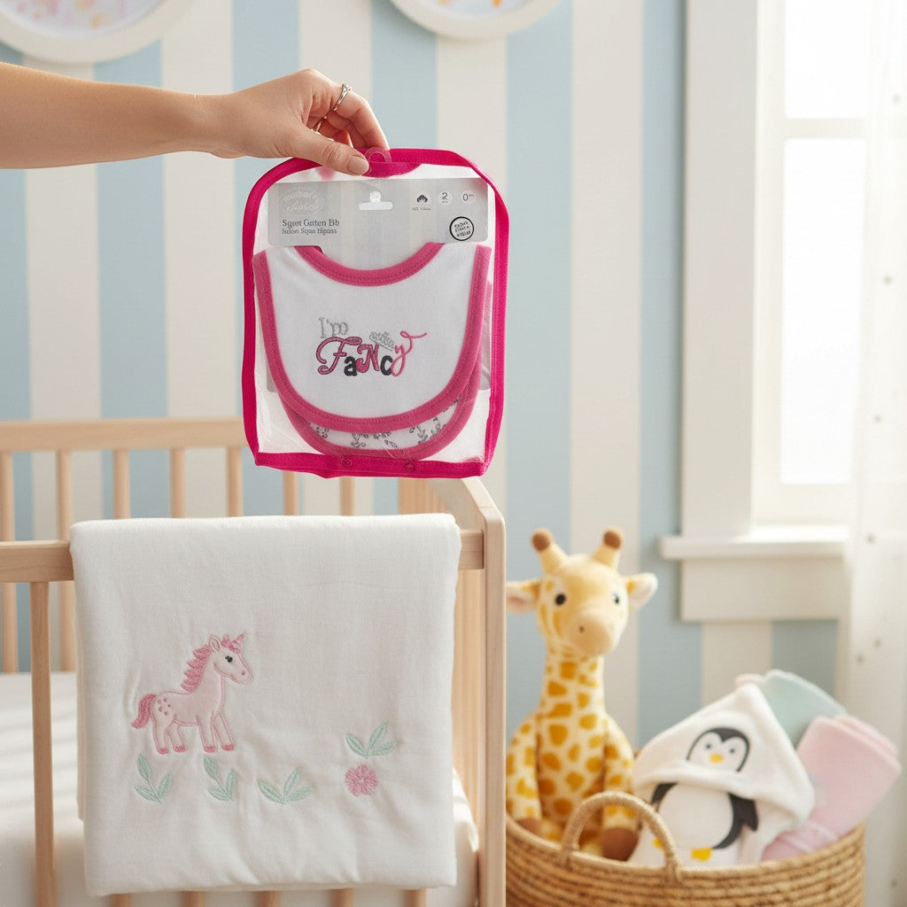 Stork And Baby 100% cotton 2-pack baby bibs with pink trim and 'I'm Fancy' embroidery.