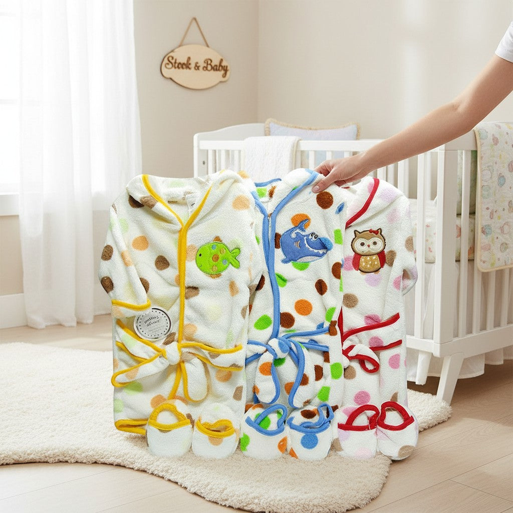 Stork And Baby Mother's Choice Baby Fleece Gown and Slipper Set in yellow, blue, and pink with animal appliques.