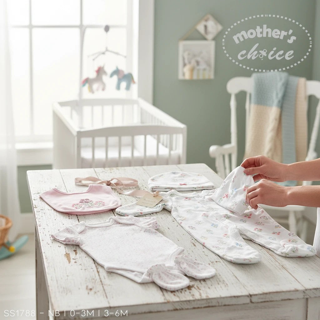 Stork And Baby Mothers Choice 5 Piece Starter Packs Flowers: babygrow, bodysuit, bib, hat, mittens in floral print.