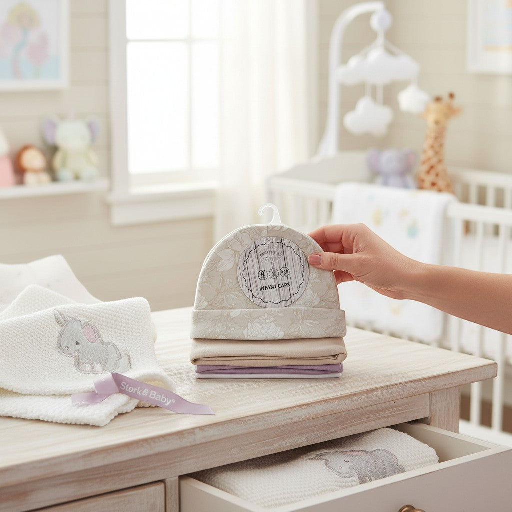 Stork And Baby 4 pack infant beanies in neutral floral print, beige, cream, and lavender.