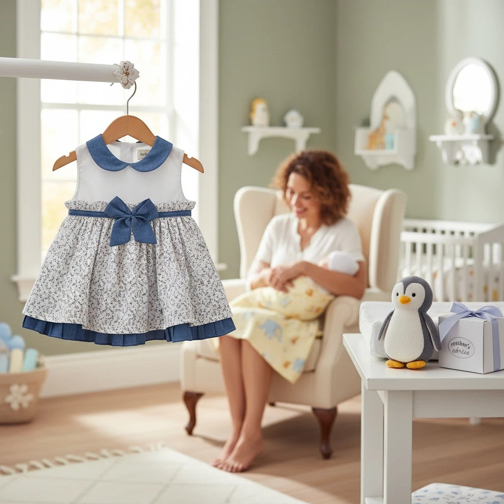 Stork And Baby white and blue floral baby dress with denim collar and trim, bow accent