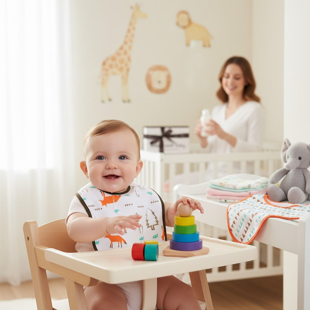 Stork And Baby 100% cotton baby bibs with fox and tree print. White with orange foxes and green trees.