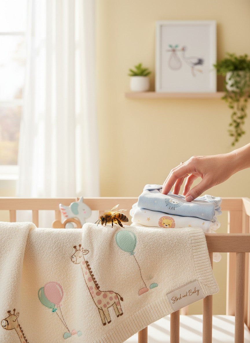 Stork And Baby cream knit baby blanket with giraffe and balloon embroidery. A bee sits on the blanket.