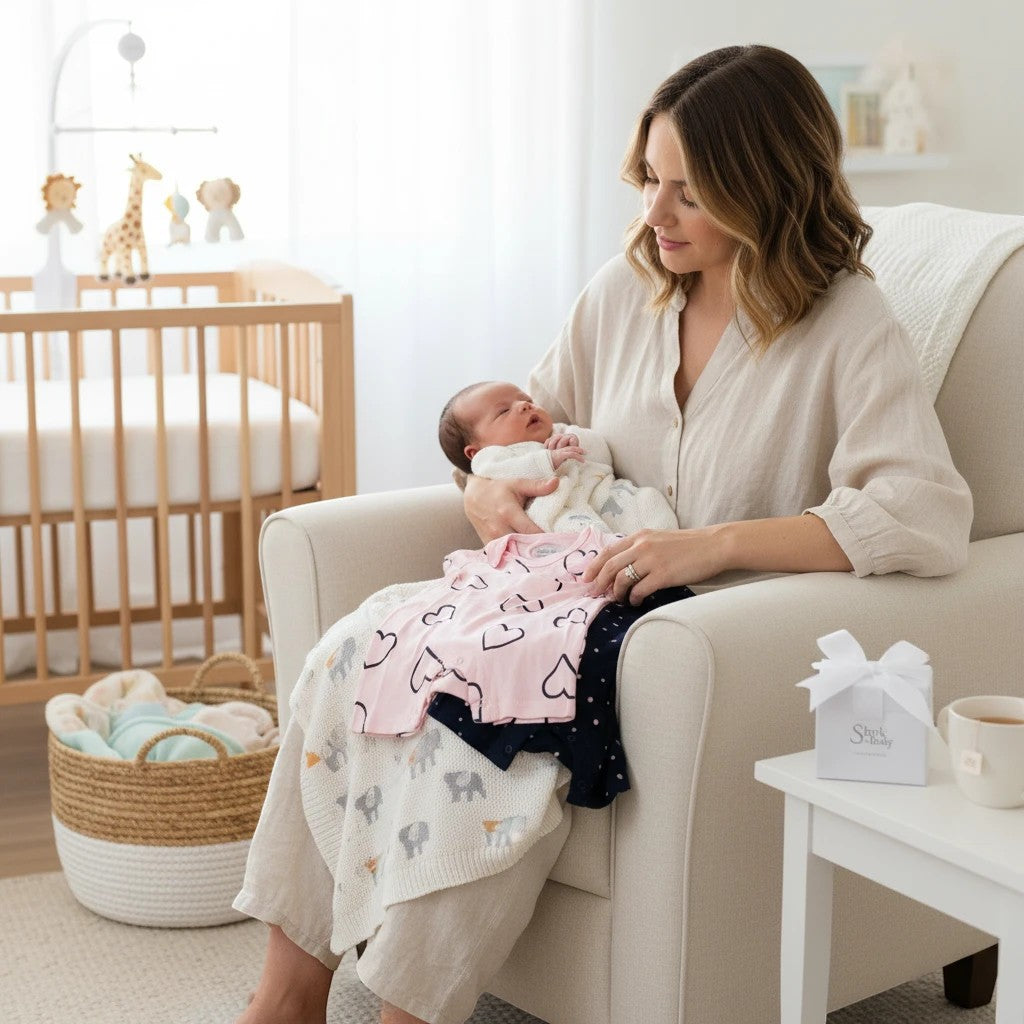 Stork And Baby mother's Choice 2 pack baby girl rompers in pink with hearts and navy with polka dots.