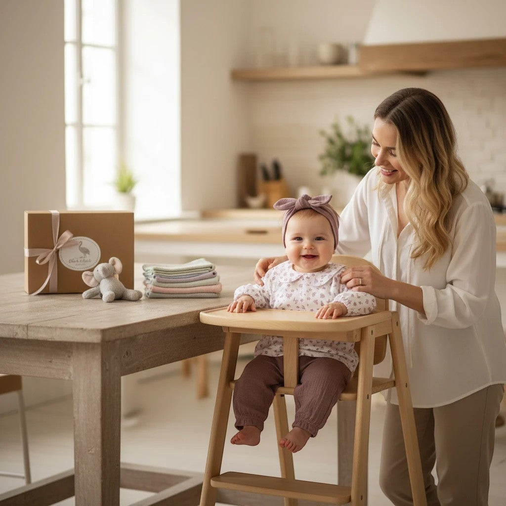 Stork And Baby Girls 3 Piece Set 18M: baby in floral top and mauve pants in high chair, with mother beside her.