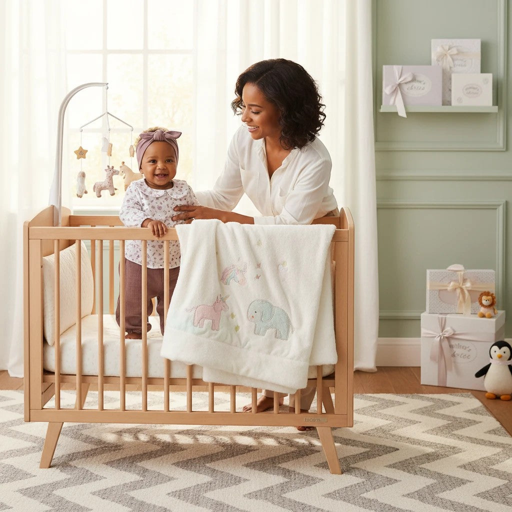 Stork And Baby Girls 3 Piece Set: baby in floral top and mauve pants, with a woman in a white shirt in a crib.