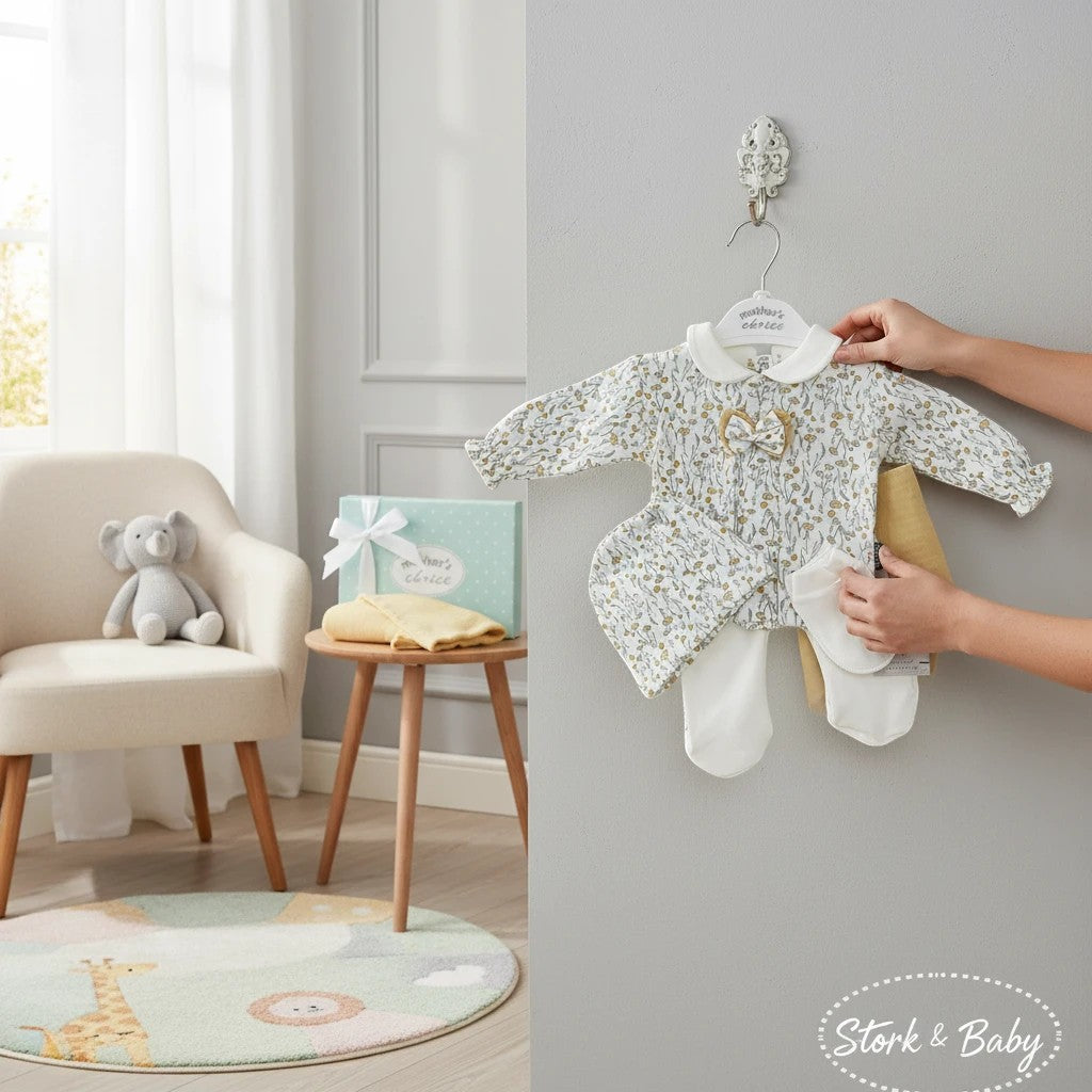 Stork And Baby Girls 5-piece yellow and grey floral print newborn set with footed pajamas, hat, and mittens.