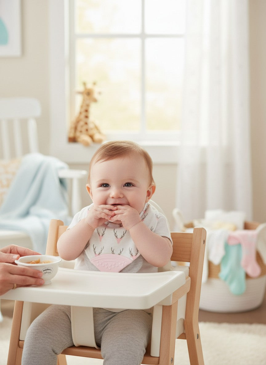 Stork And Baby girls' white bandana bib with pink teether and antler print, 2-pack.