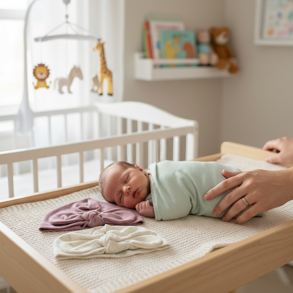 Stork And Baby soft cotton 2-pack girls beanies in mauve and cream with knotted bow detail. A baby sleeps nearby.