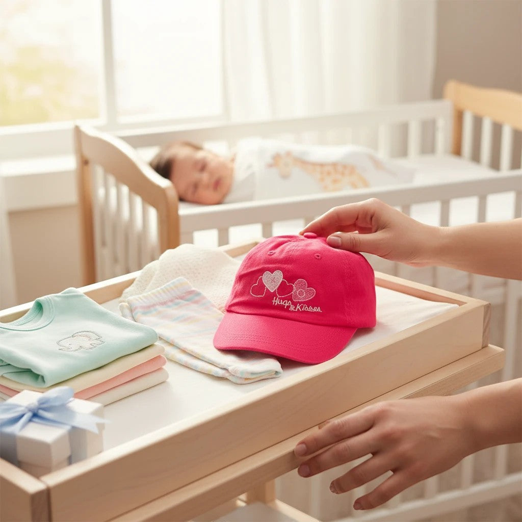Stork And Baby pink cotton cap with embroidered hearts and "Hugs & Kisses" text for girls.