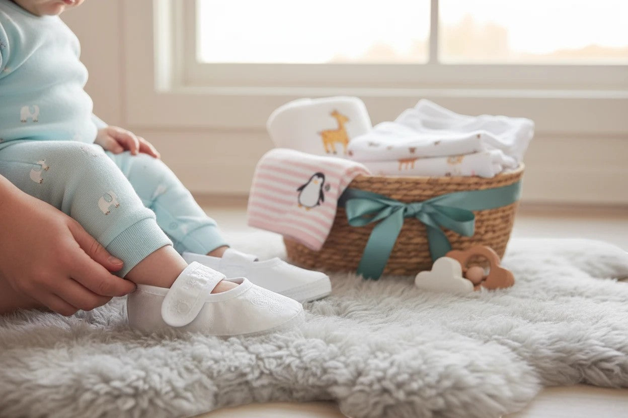 Stork And Baby white christening booties for girls with butterfly embroidery and convenient hook-and-loop strap.