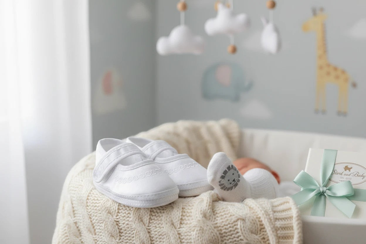 Stork And Baby white embroidered christening booties for baby girls with velcro strap, resting on a knit blanket.