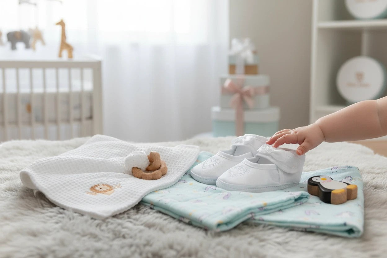 Stork And Baby white christening booties for girls featuring delicate heart embroidery and a soft bow detail.