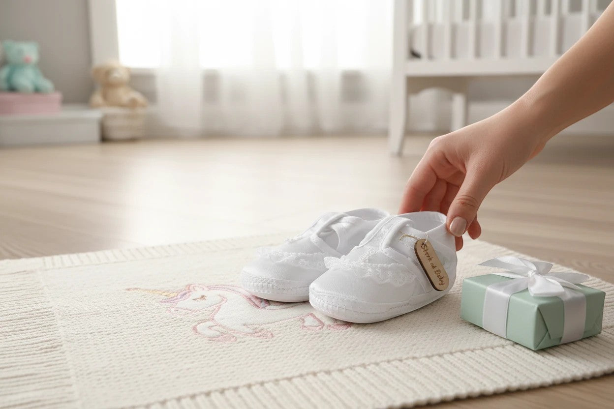Stork And Baby white christening booties with T-bar strap and delicate lace trim on a unicorn-patterned baby blanket.