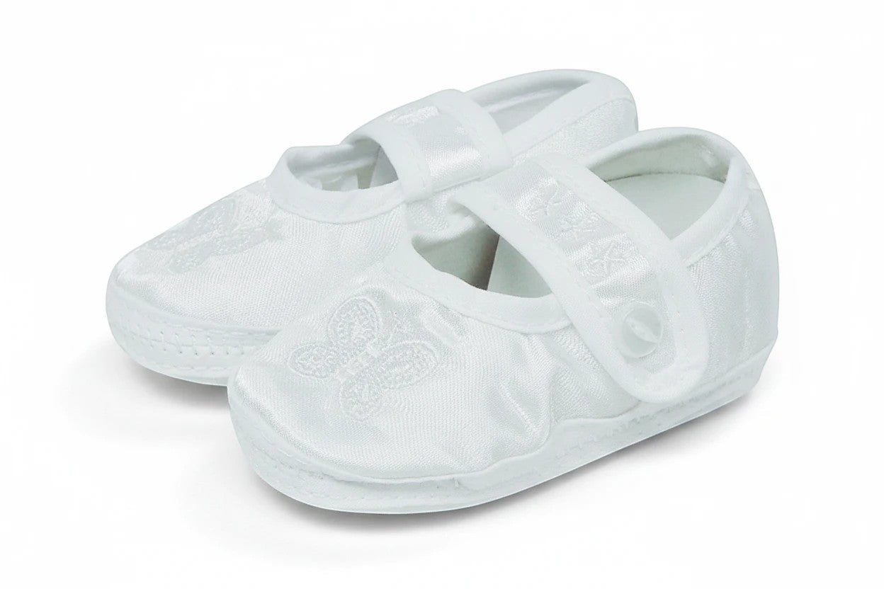 Stork And Baby Mothers Choice white satin christening booties for girls with embroidered butterfly detail and strap