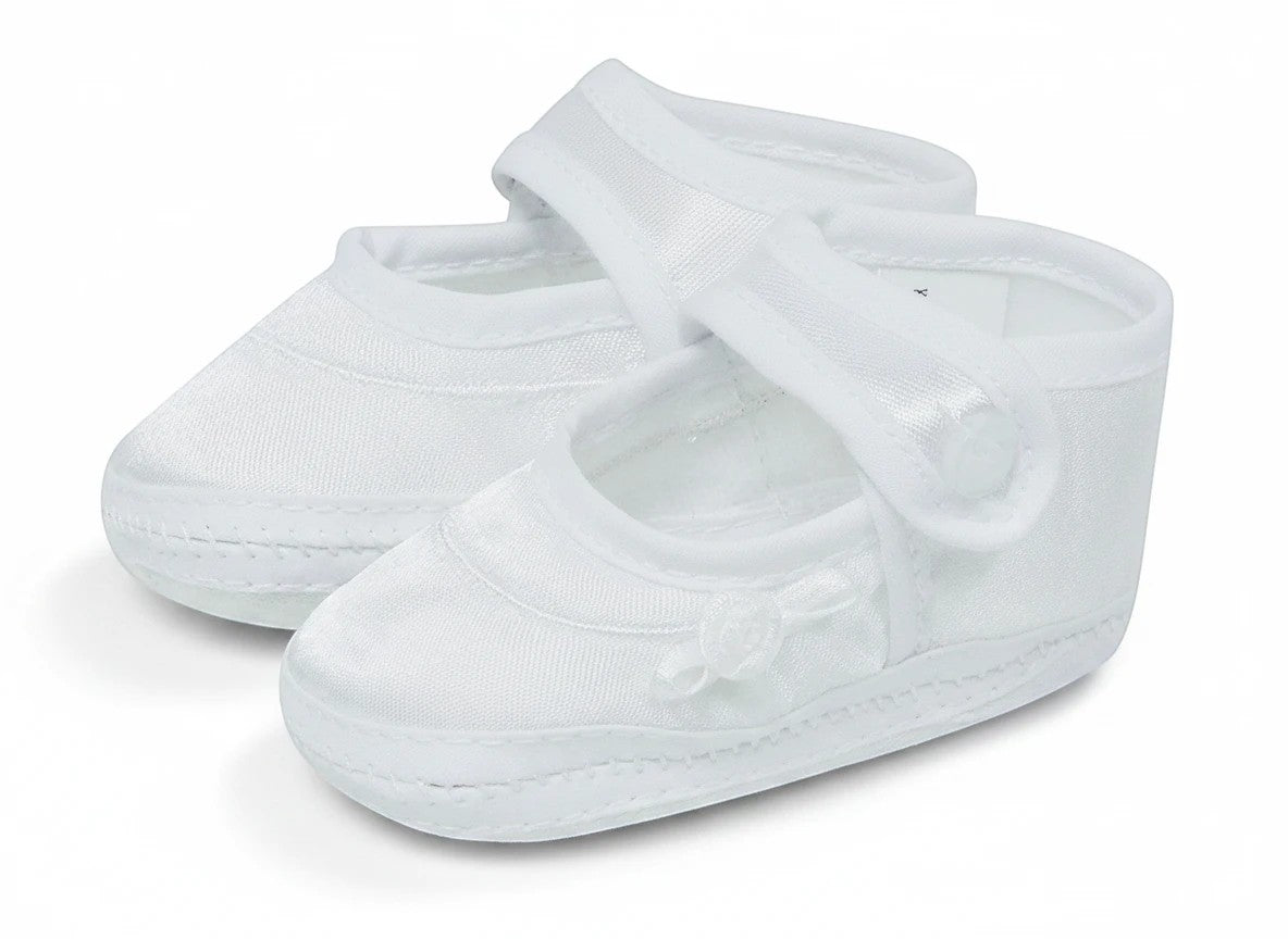 Stork And Baby Mothers Choice white satin christening booties for girls with a delicate rose detail and velcro strap.