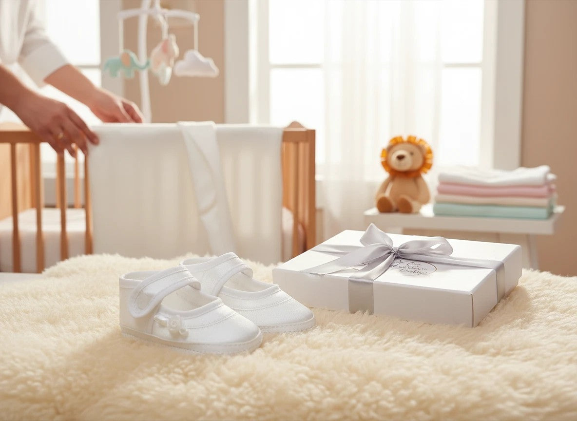 Stork And Baby Mothers Choice white christening booties with rose detail, presented in a gift box on a soft rug.