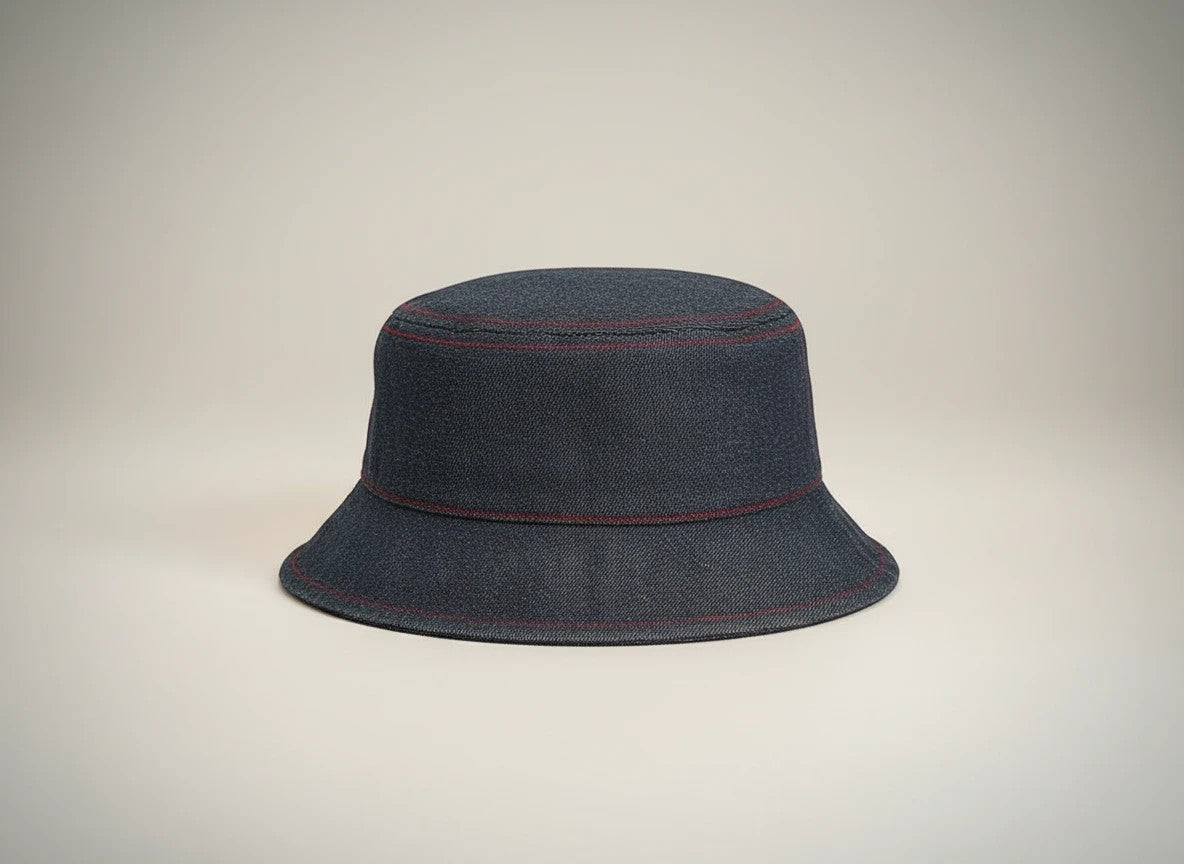 Stork And Baby dark blue denim bucket hat with red stitching detail for girls.