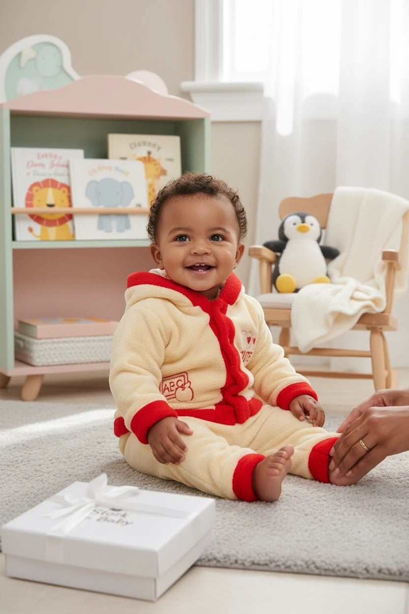 Stork And Baby girls' cream coral fleece tracksuit with red trim and "Too Cute" embroidery. Baby sitting on floor.