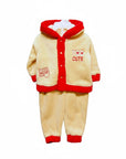 Stork And Baby girls cream coral fleece tracksuit with red trim and "Too Cute" embroidery. Hooded, button-up top and matching pants.