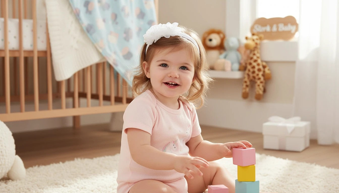 Stork And Baby girls Alice band featuring white flowers and pearl accents worn by a smiling toddler in a nursery.