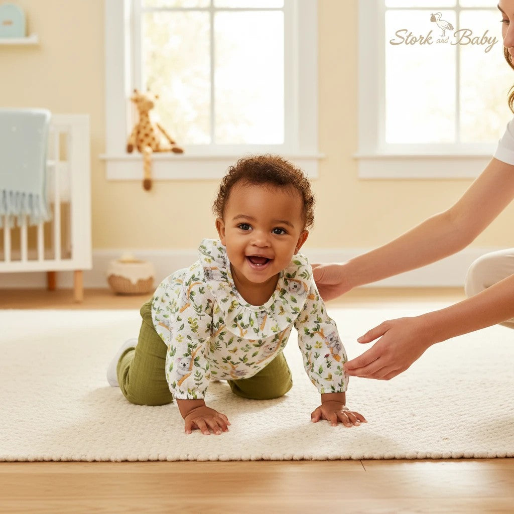 Stork And Baby girls set with white long-sleeve top featuring koala and leaf print and green pants.