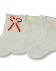 Stork And Baby white lace socks for girls with decorative red, yellow, and pink bows for christenings.
