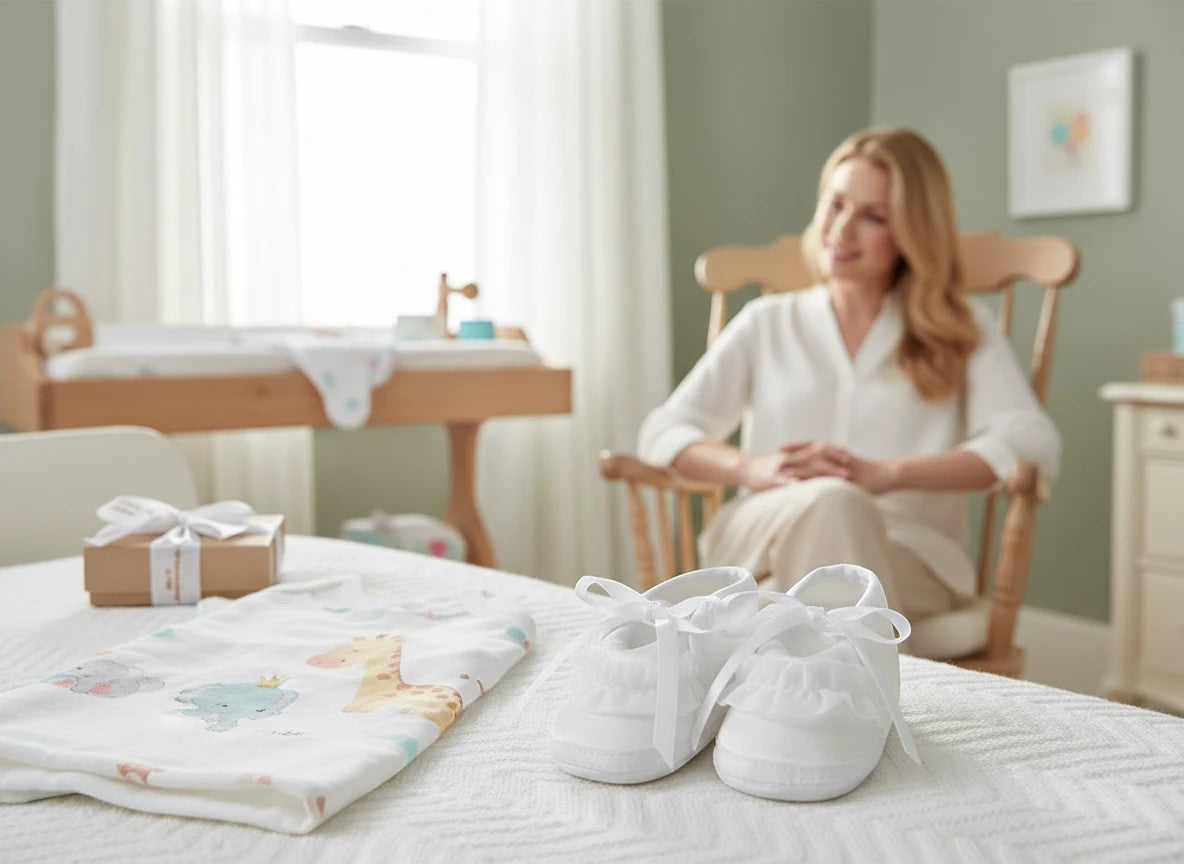 Stork And Baby Mothers Choice white lace christening booties with ribbon ties on a nursery bed with a woman nearby