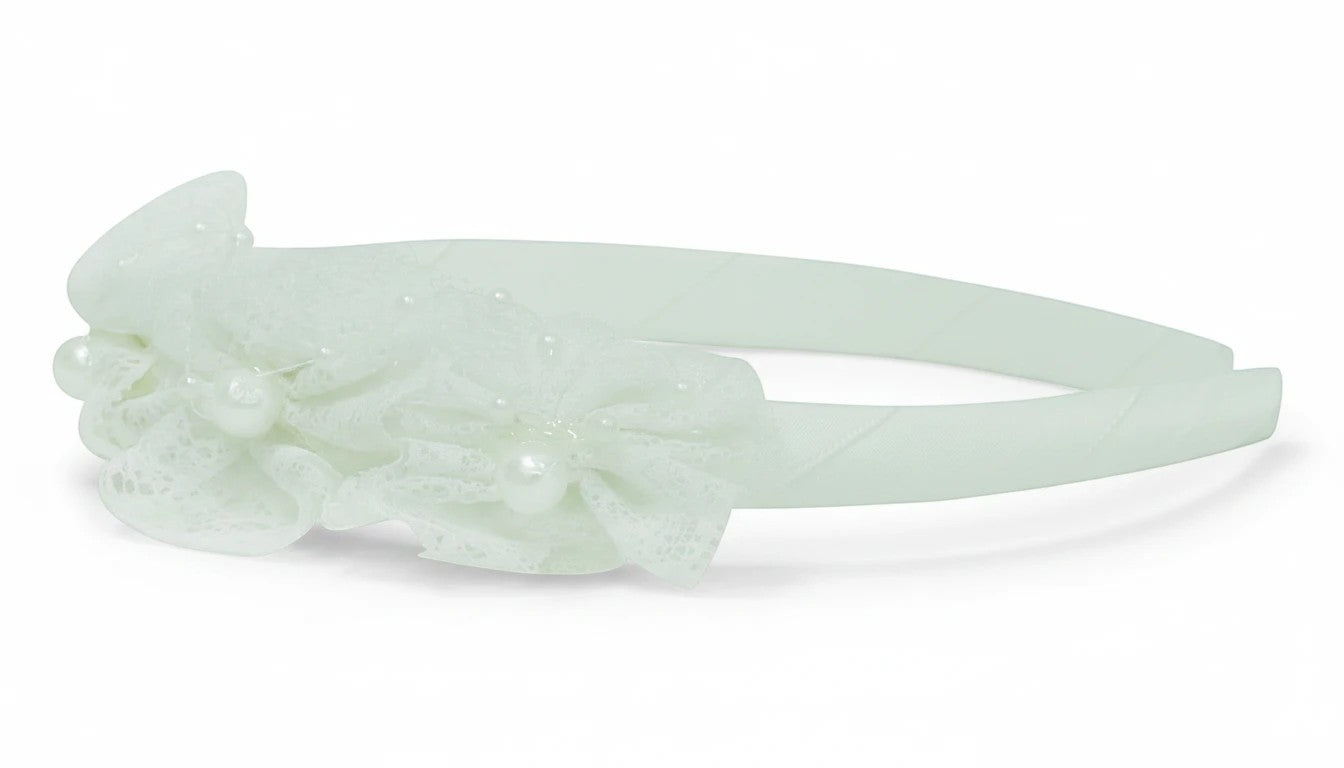 Stork And Baby white girls alice band featuring delicate lace flowers and pearl accents for a formal occasion.