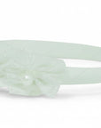 Stork And Baby white girls alice band featuring delicate lace flowers and pearl accents for a formal occasion.