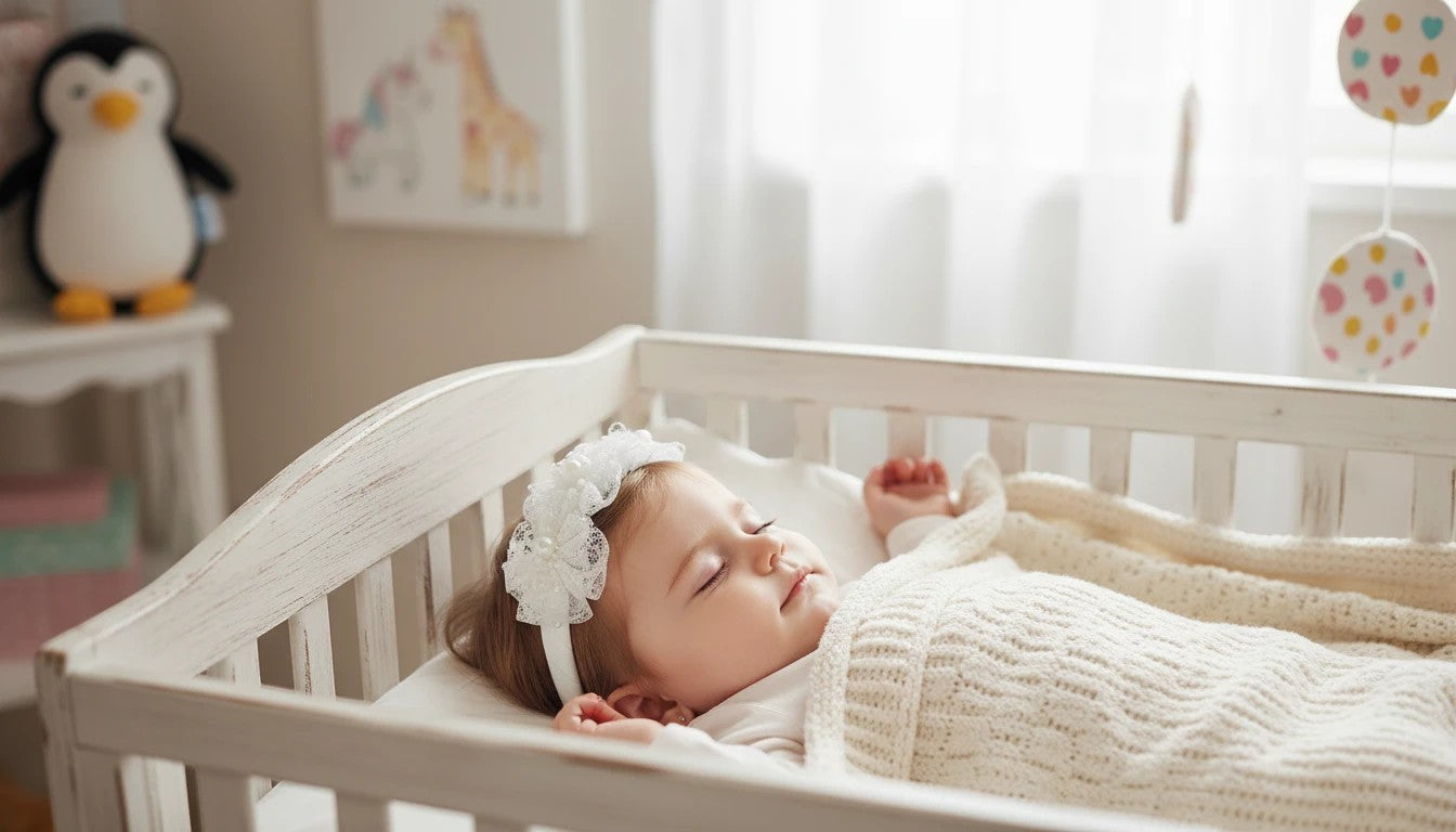 Stork And Baby white lace flower alice band with pearl accents worn by a sleeping baby girl in a nursery crib.