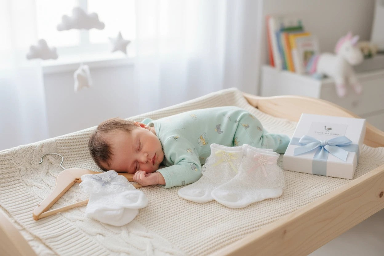 Stork And Baby white lace socks for girls with assorted bows, displayed on a changing table next to a sleeping baby.
