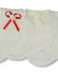 Stork And Baby Mothers Choice white lace ankle socks for girls featuring decorative red, yellow, and pink bows.