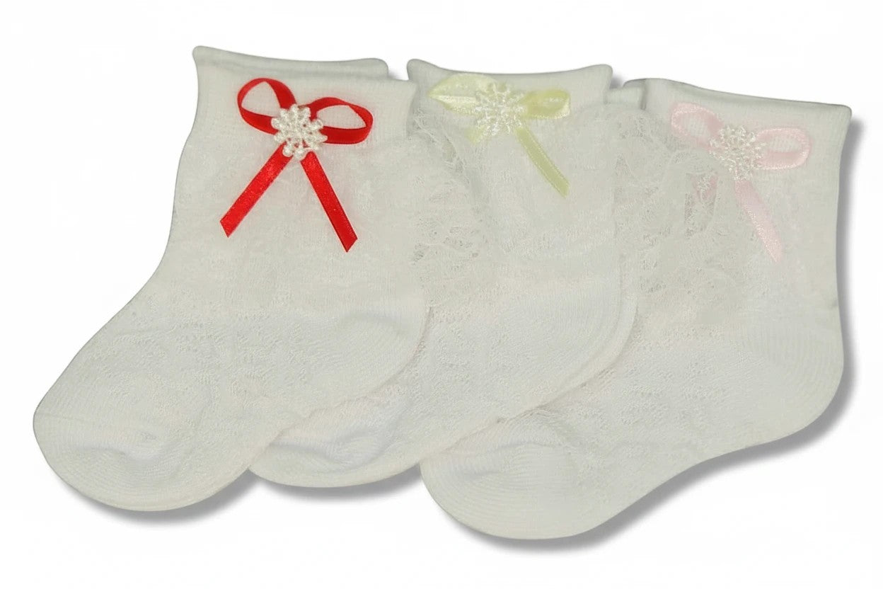 Stork And Baby Mother's Choice white lace socks for girls featuring assorted decorative bows for special occasions.