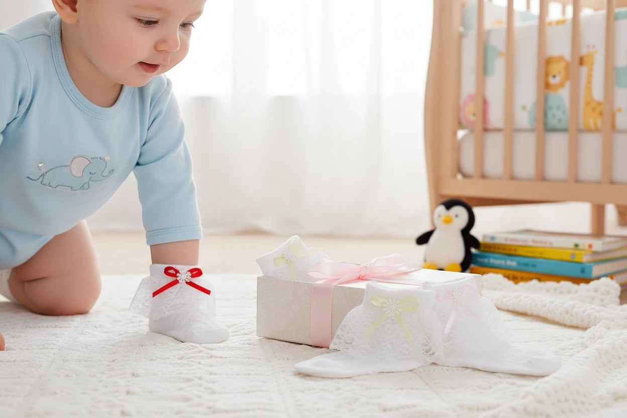 Stork And Baby white lace socks for girls featuring assorted decorative bows, worn by a baby in a nursery setting.