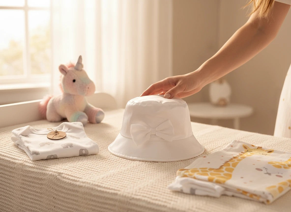 Stork And Baby white satin floppy hat with a bow for baby girls, displayed on a nursery table with baby clothes.