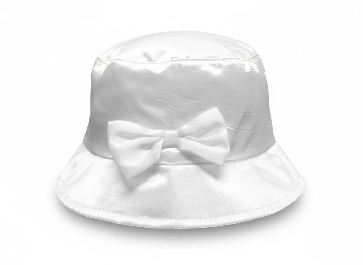 Stork And Baby white satin floppy hat for girls featuring a decorative bow, perfect for christenings and weddings.