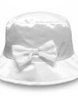 Stork And Baby white satin floppy hat for girls featuring a decorative bow, perfect for christenings and weddings.