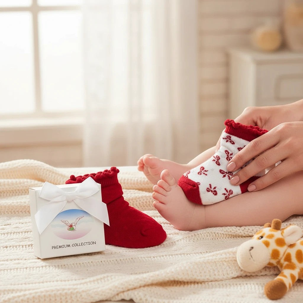 Stork And Baby Girls 2 Pack Socks with red bows and ruffled cuffs. One red sock and one white sock with red bows.