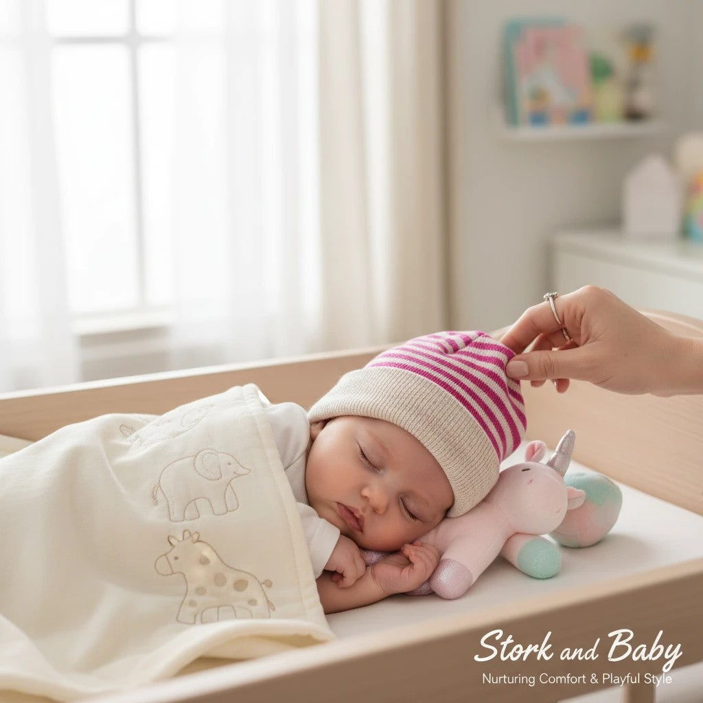 Stork and Baby girls' pink and cream striped knit hat with a soft, comfortable fit for winter warmth.